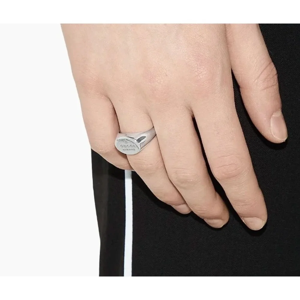 Gucci Sterling Silver Trademark Oval Plate Band Ring 797033, Sz 19 (US 9)